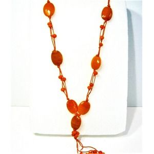 Orange Striped Stone Agate Hand-beaded Corded Tassel Style Drop Necklace 22 inch